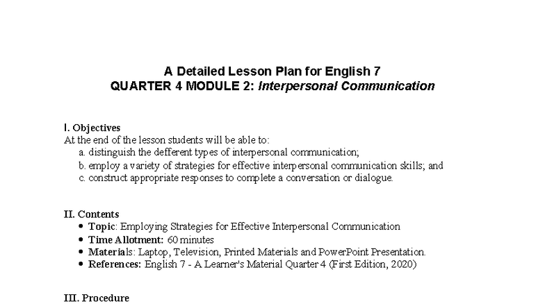 Module 2 - Lesson Plan on Interpersonal Communication for English 7 ...