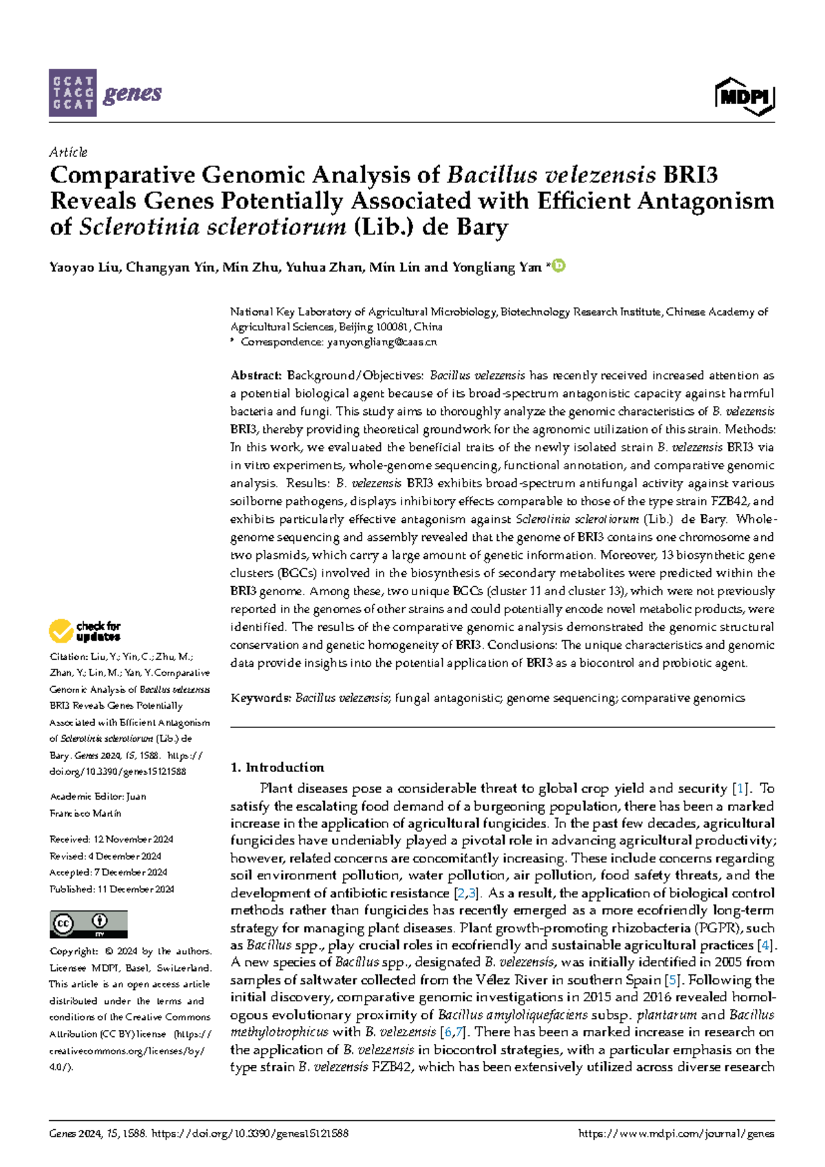 Comparative Genomic Analysis of Bacillus velezensis BRI3: Antagonism ...