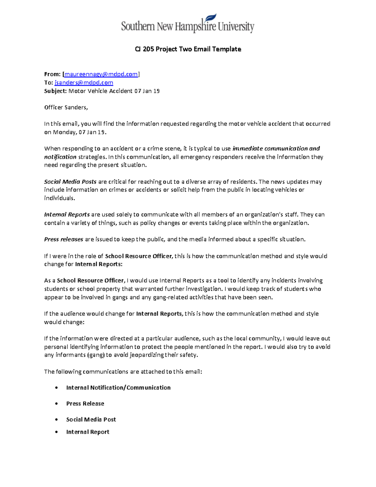 CJ 205 Project Two Email Template on Motor Vehicle Accident - Studocu