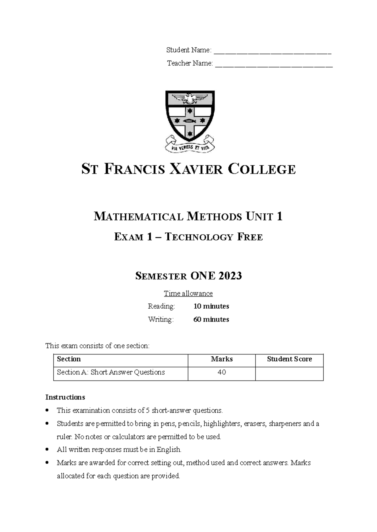 2023 MATH METHODS UNIT 1 EXAM 1: TECHNOLOGY FREE QUESTIONS - Studocu