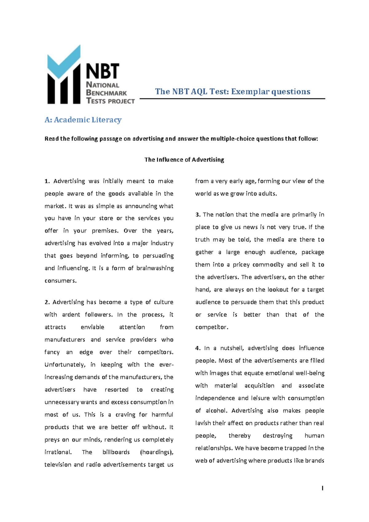 AQL Exemplar Questions: Academic & Quantitative Literacy Insights - Studocu