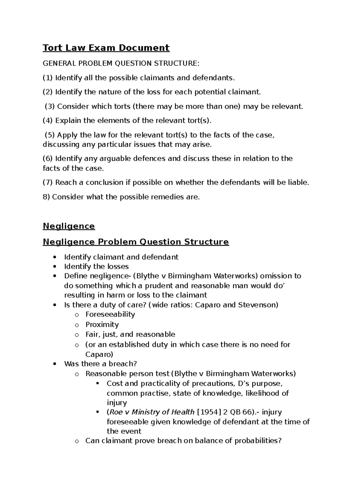 Tort Law Revision Notes for Exam Prep - Key Concepts & Structures - Studocu