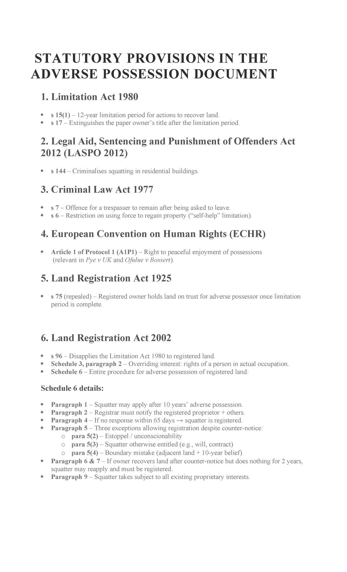 Adverse Possession Case Law Notes: Key Statutory Provisions and ...