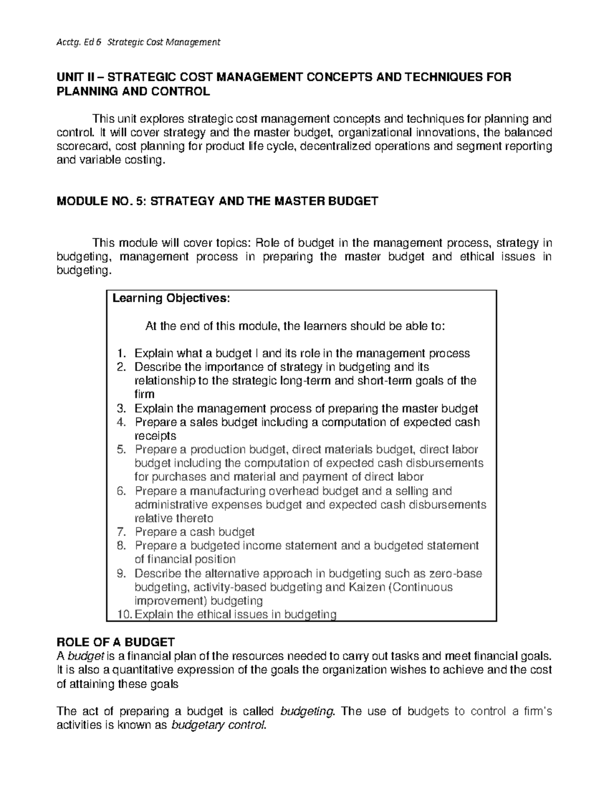 Module 5: Strategic Cost Management & Master Budget Techniques - Studocu