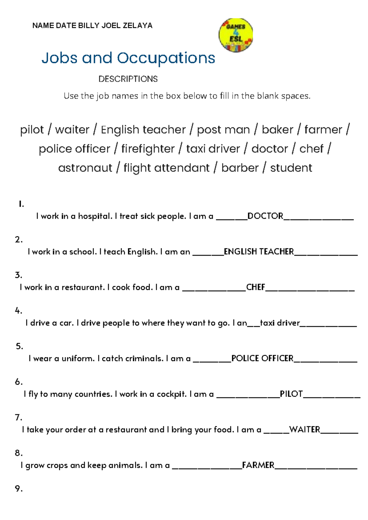 Jobs and Occupations Worksheet: Descriptions and Activities - Studocu