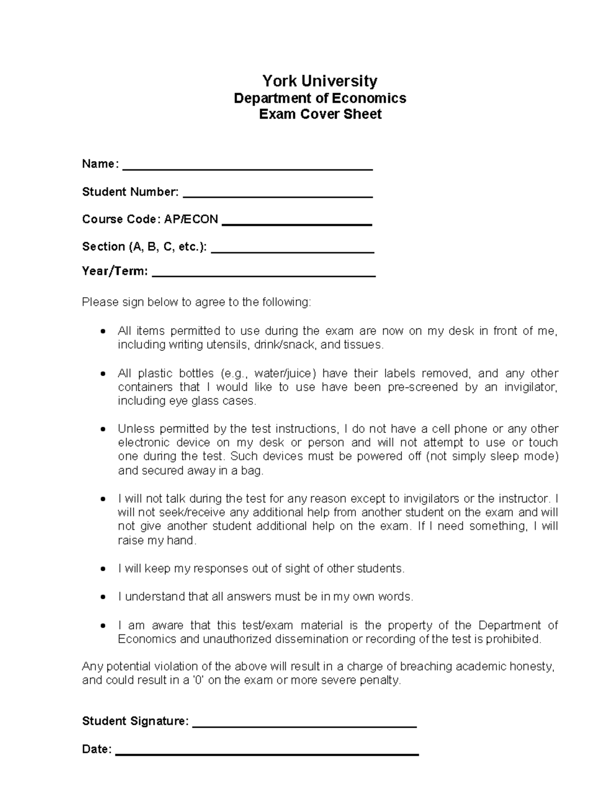 AP/ECON 1000 Sample Final Exam Cover Sheet and Instructions - Studocu