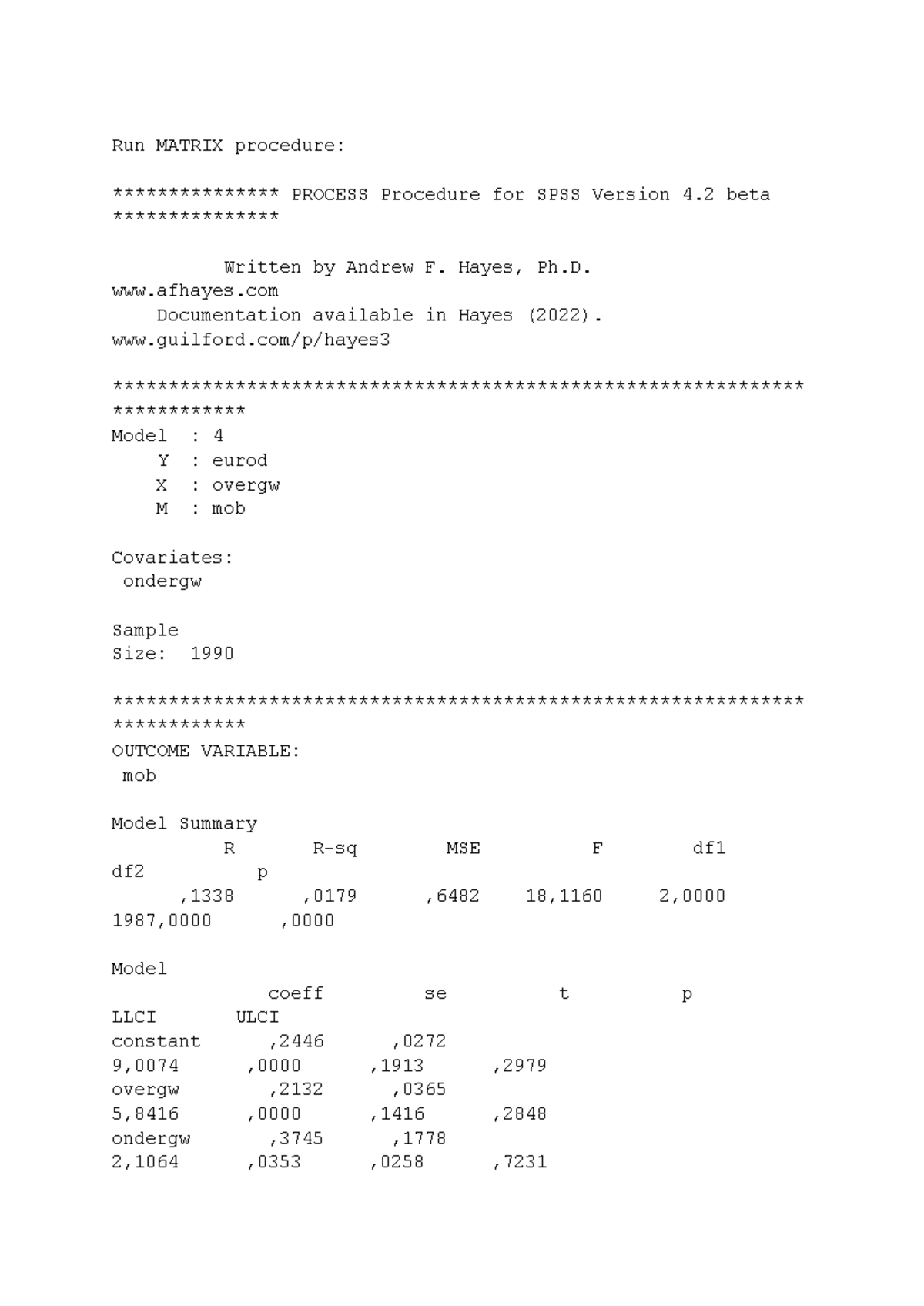 Output of SPSS mediation analysis: Run MATRIX procedure - Studeersnel