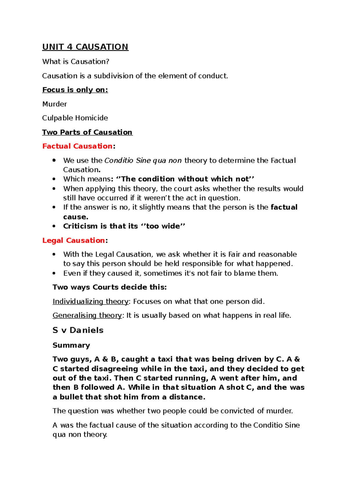 Criminal Law SELF-Notes: Unit 4 Causation in Murder Cases - Studocu