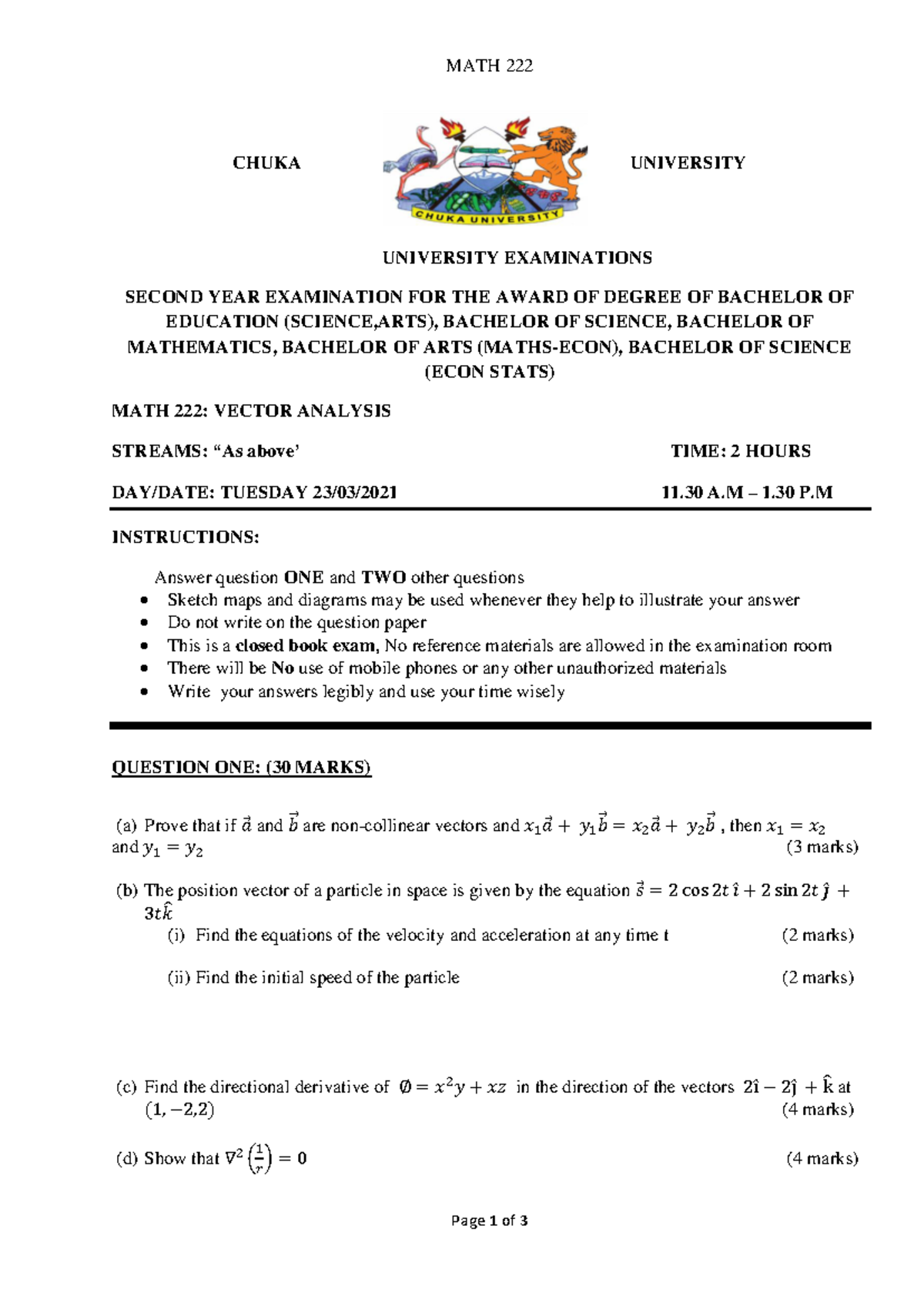 MATH 222 - Vector Analysis Study Guide for Exam Preparation - Studocu