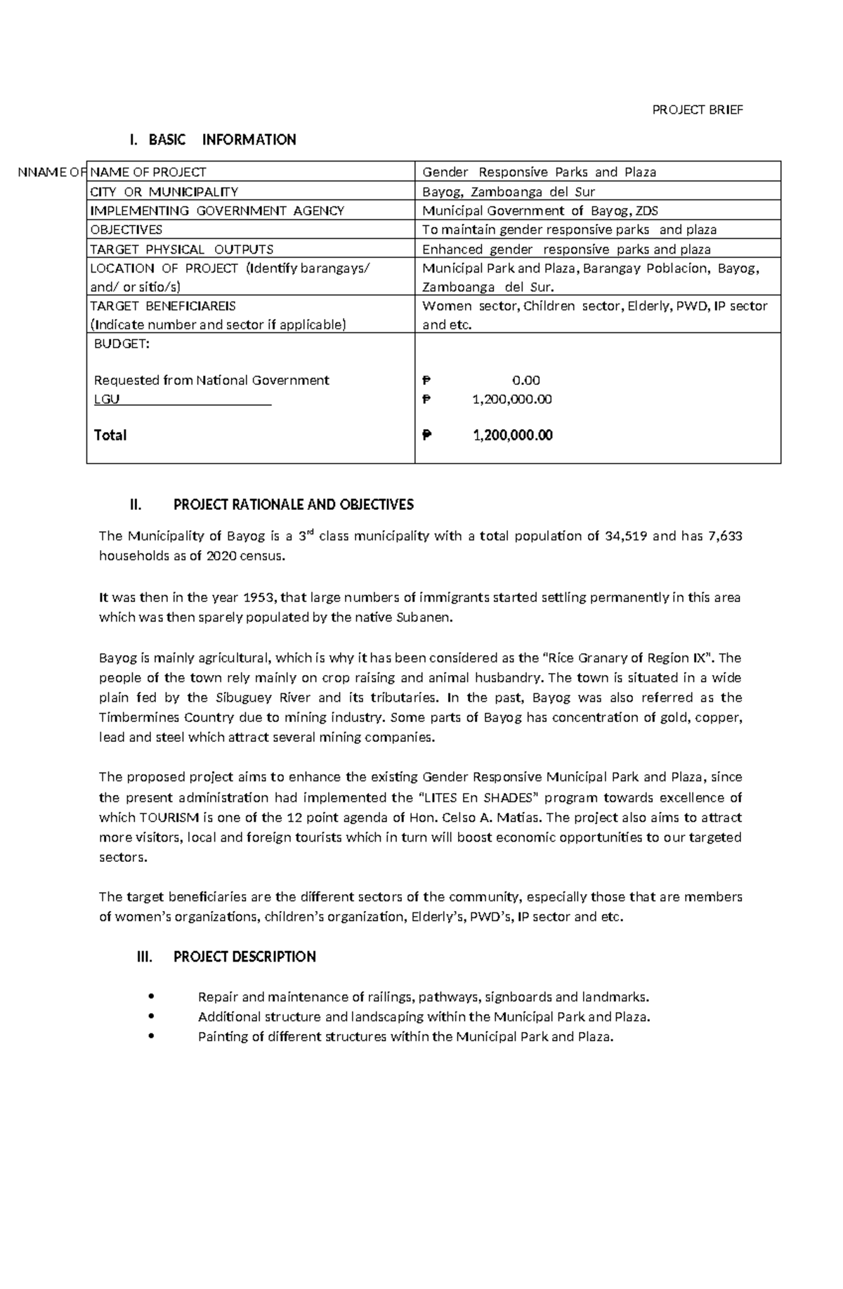 Gender Responsive Parks & Plaza Project Brief - Bayog, ZDS - Studocu