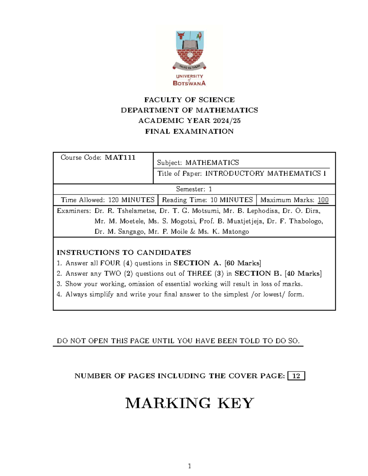 MAT111 FINAL EXAMINATION MARKING KEY (NOV 2024) - Studocu