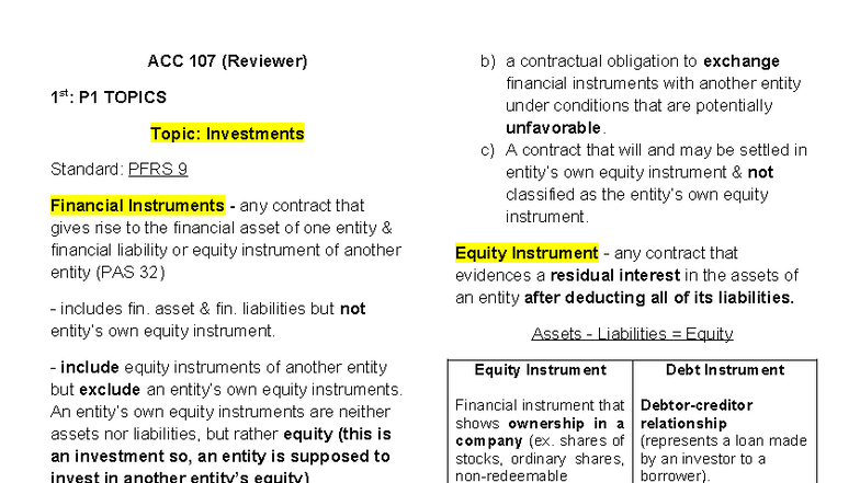 ACC 107 (Reviewer) 1st: P1 Investments & Financial Instruments Overview ...