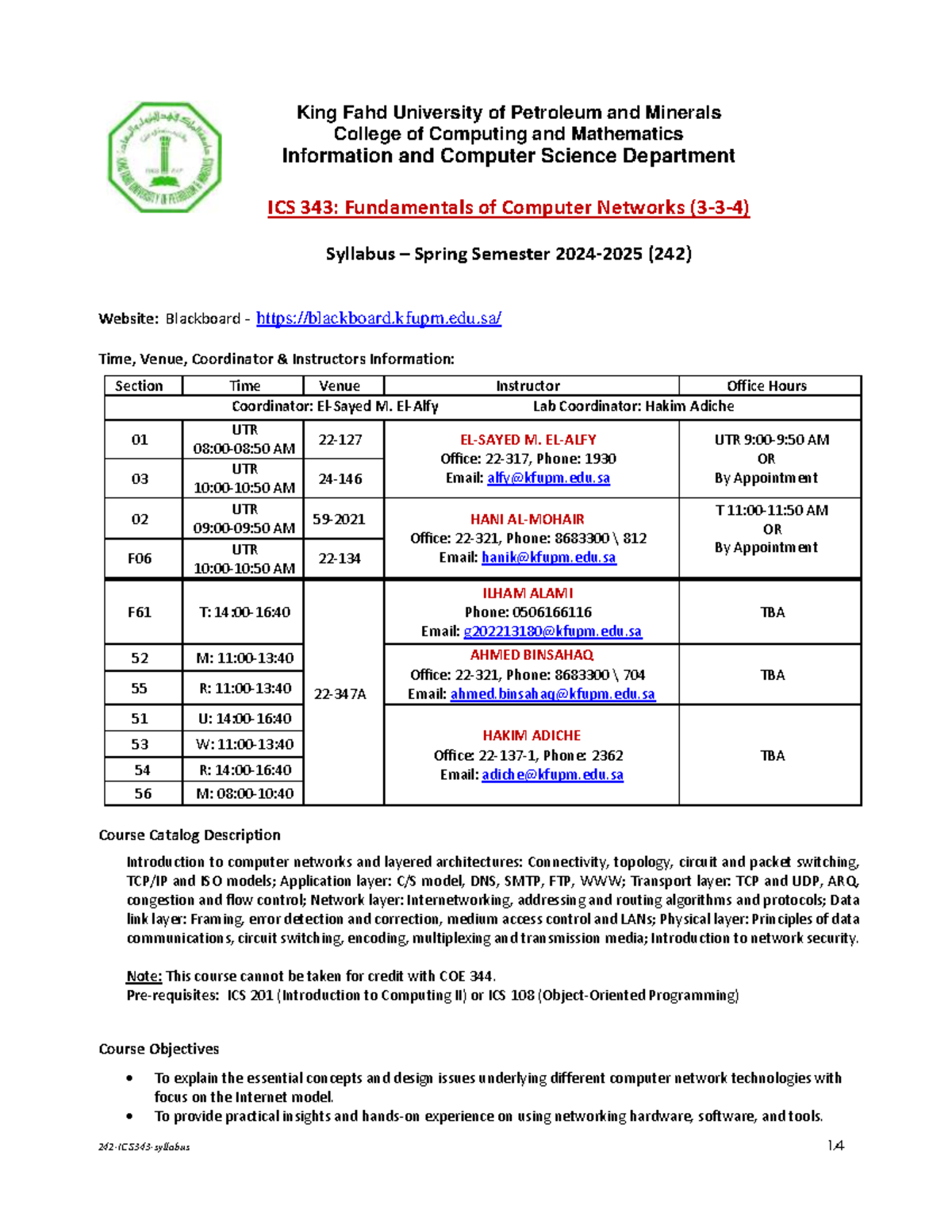 ICS 343: Fundamentals of Computer Networks Syllabus - Spring 242 - Studocu