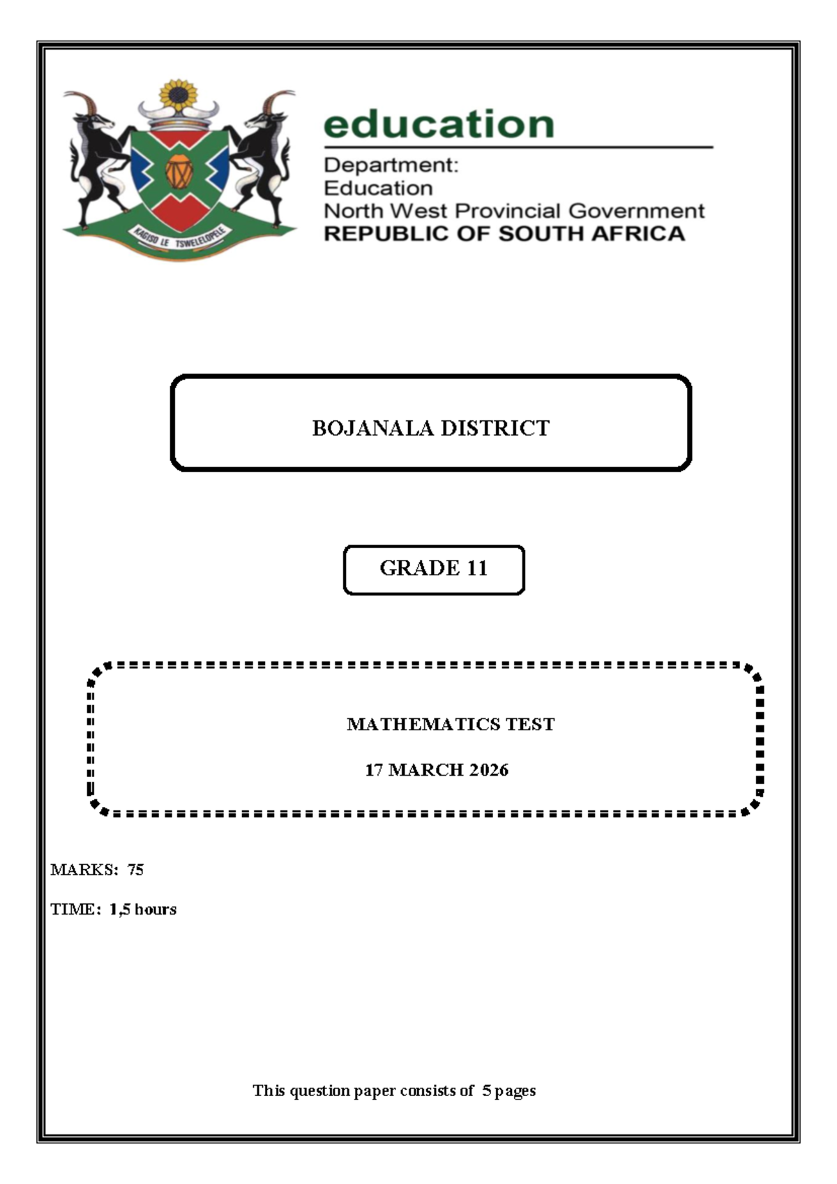 2026 G11 Bojanala District Mathematics Test - 17 March - Studocu