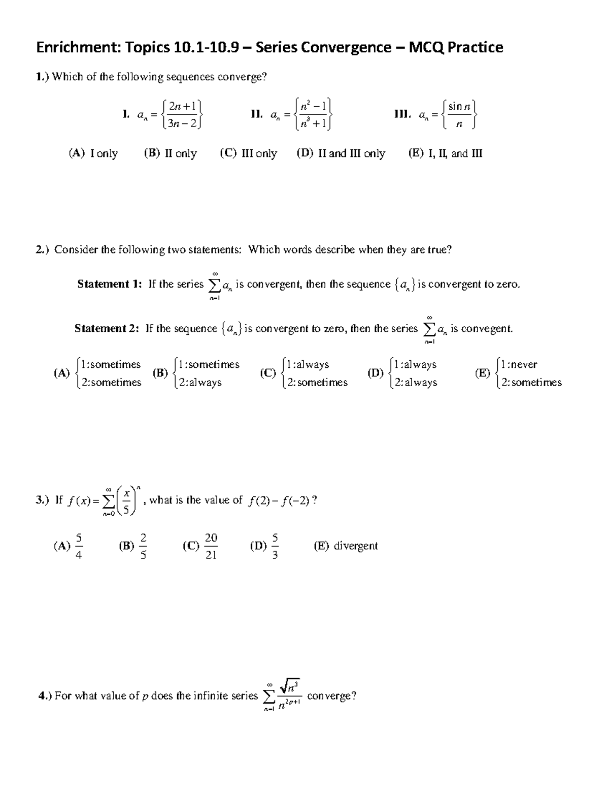 MCQ Practice on Series Convergence (Topics 10.1-10.9) - Studocu