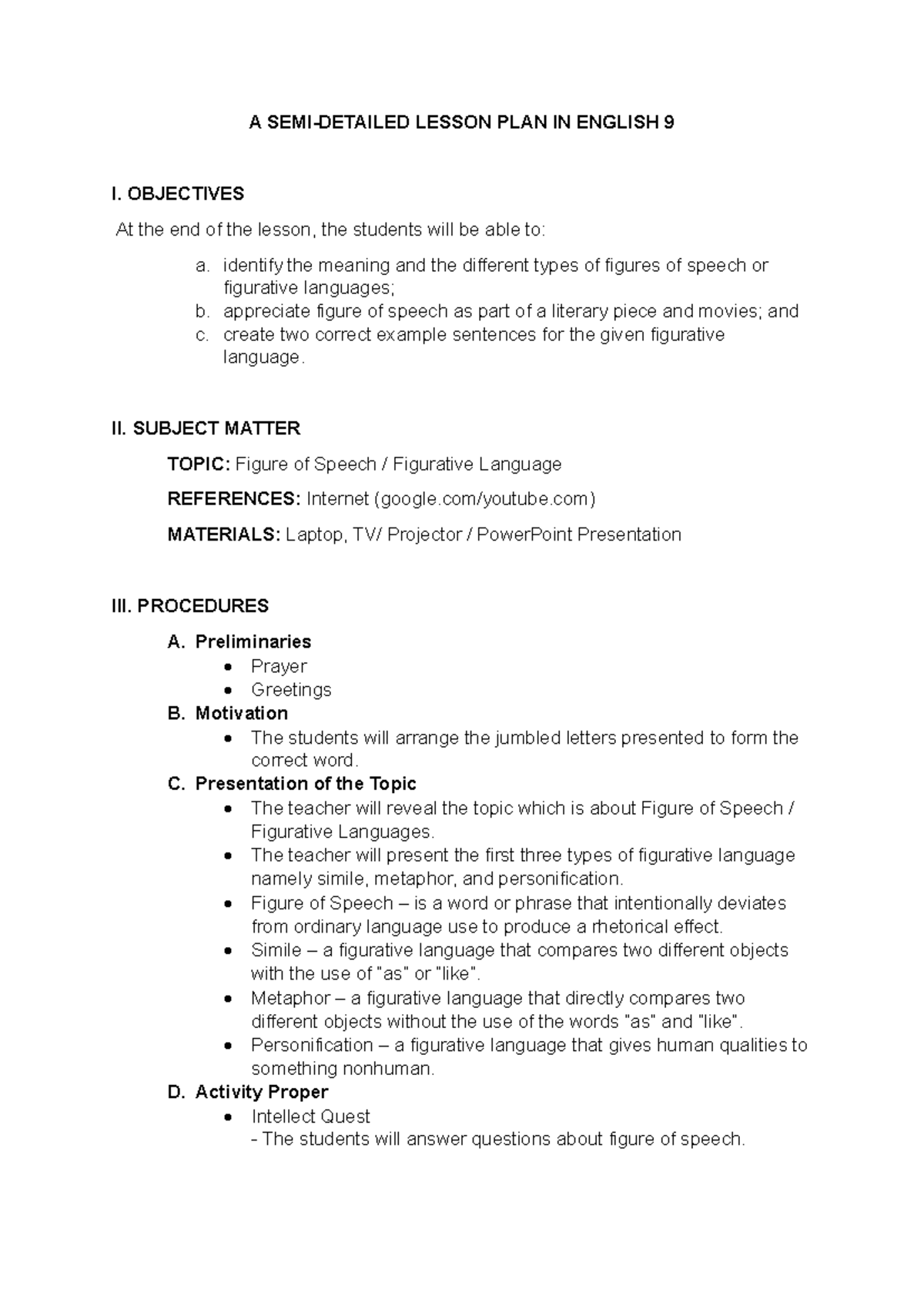 Figurative Language Lesson Plan - English 9 - Studocu