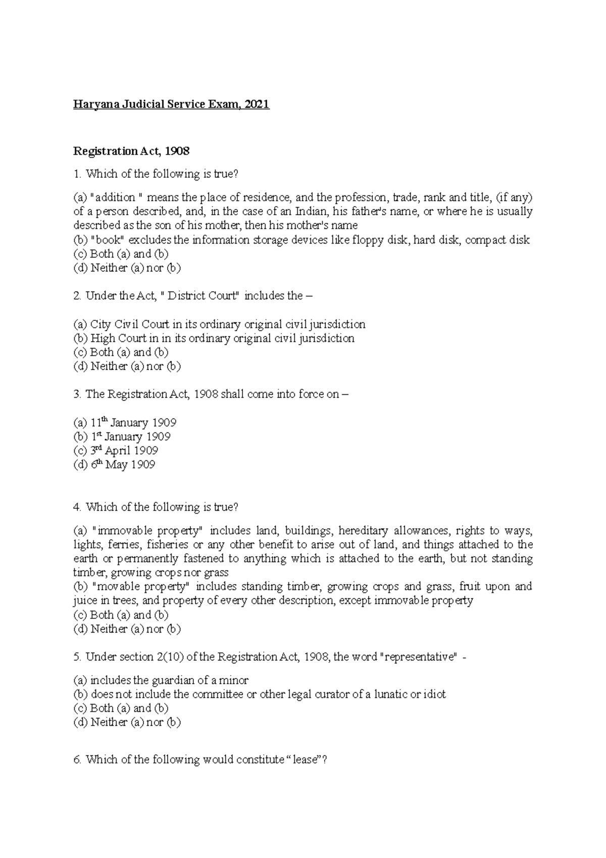 Registration Act, 1908: 125 Questions for Haryana Judicial Service Exam ...