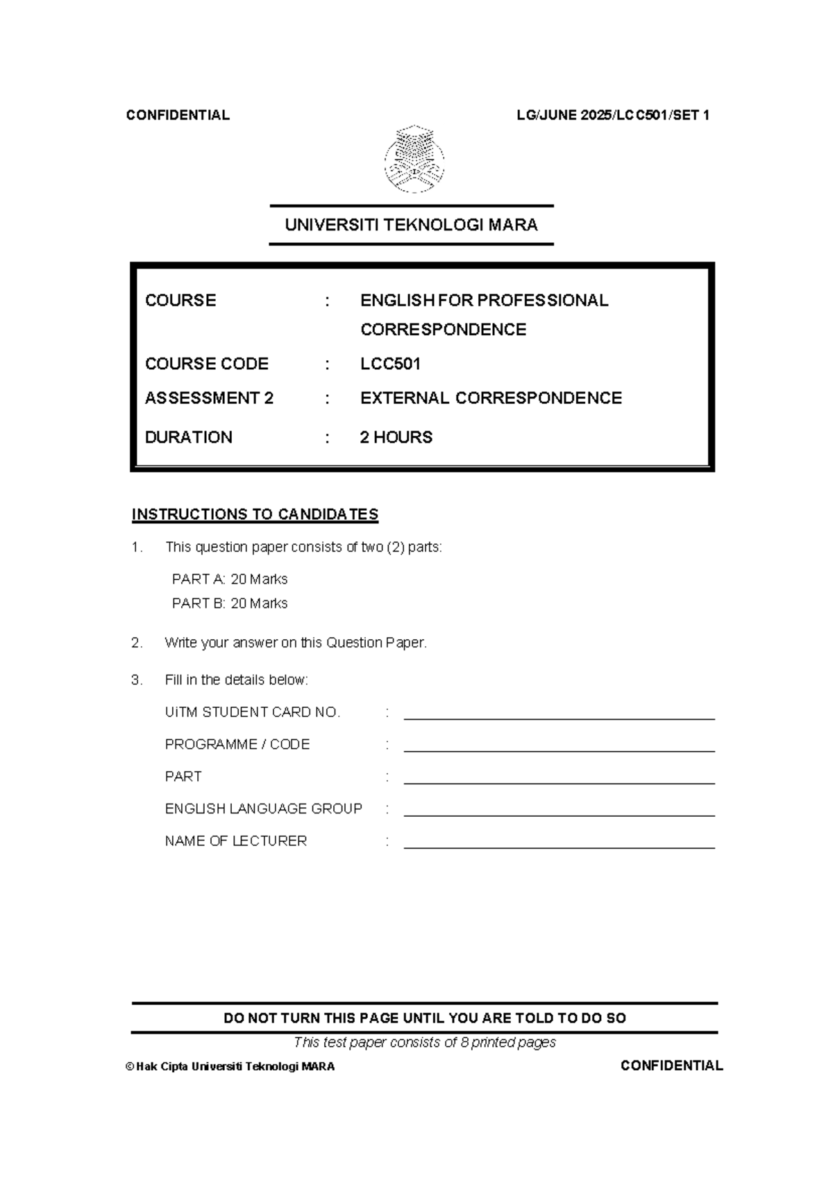 LCC501 Assessment 2: External Correspondence Practice - Studocu