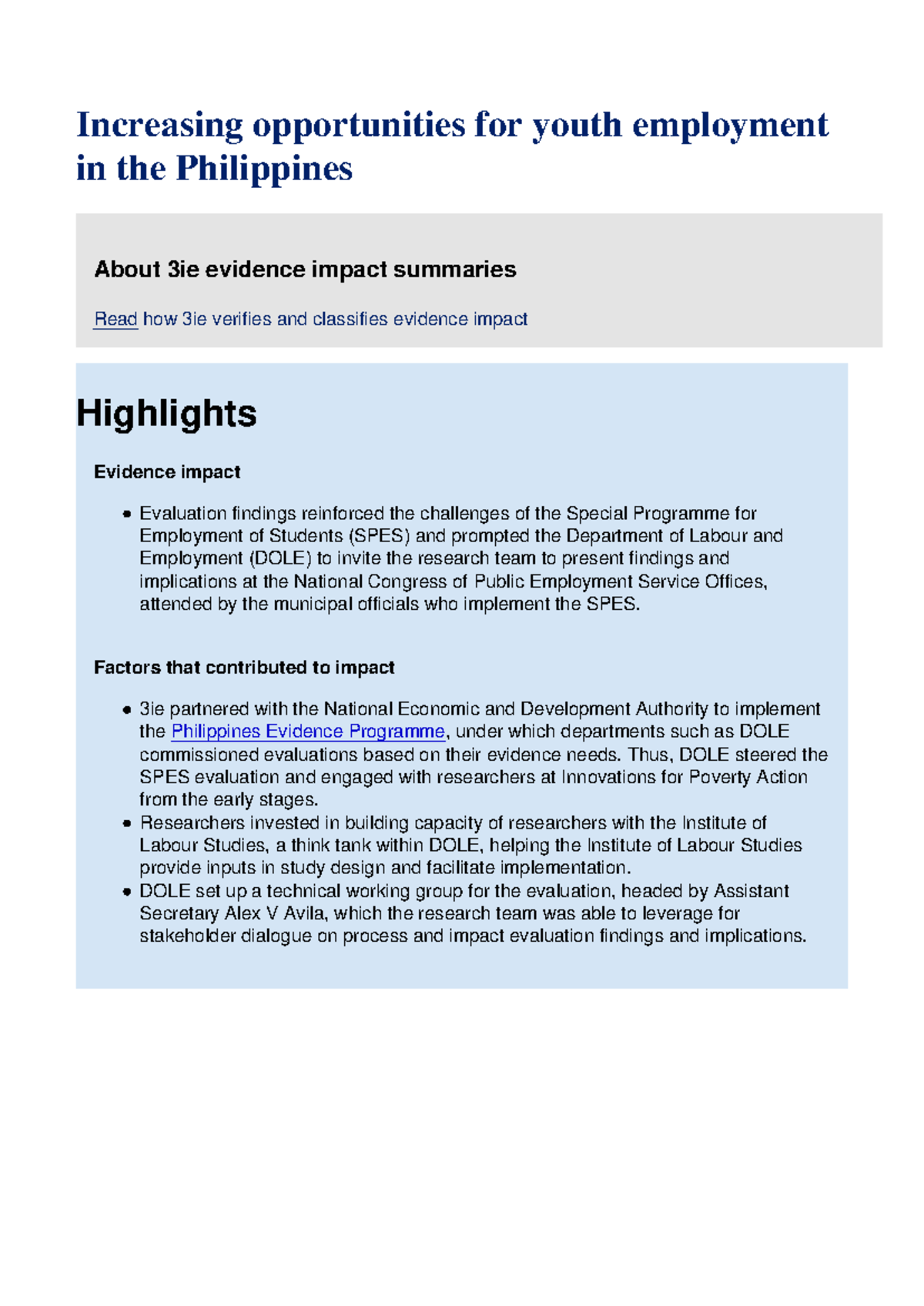3ie Evidence Impact Summary: Youth Employment Opportunities in the ...