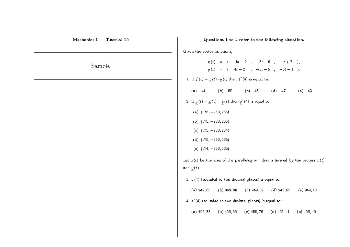 Mechanics I Tutorial 10: Vector Functions & Area Calculations - Studocu