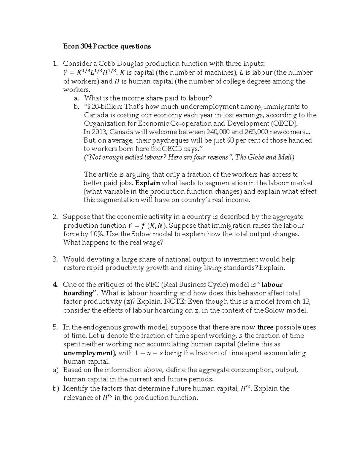 Econ 304 Final Exam Practice Questions on Production Functions - Studocu
