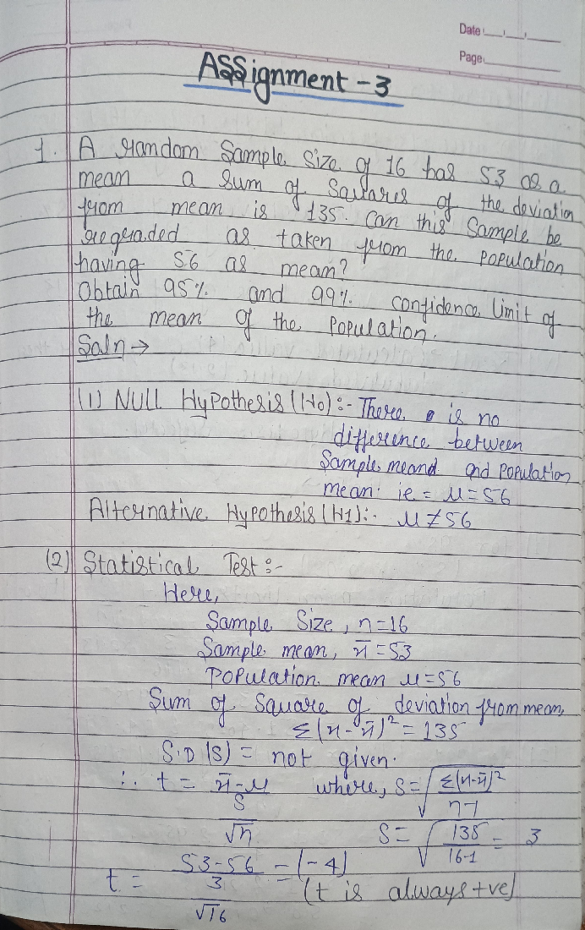 Math 3 - maths - Date I 1 Page Assignment 1. mean A random a sum Sample ...
