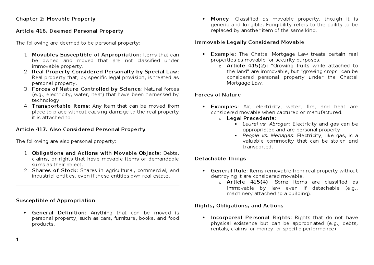 Title 1- Chapter 2 Insights on Movable Property and Classifications ...