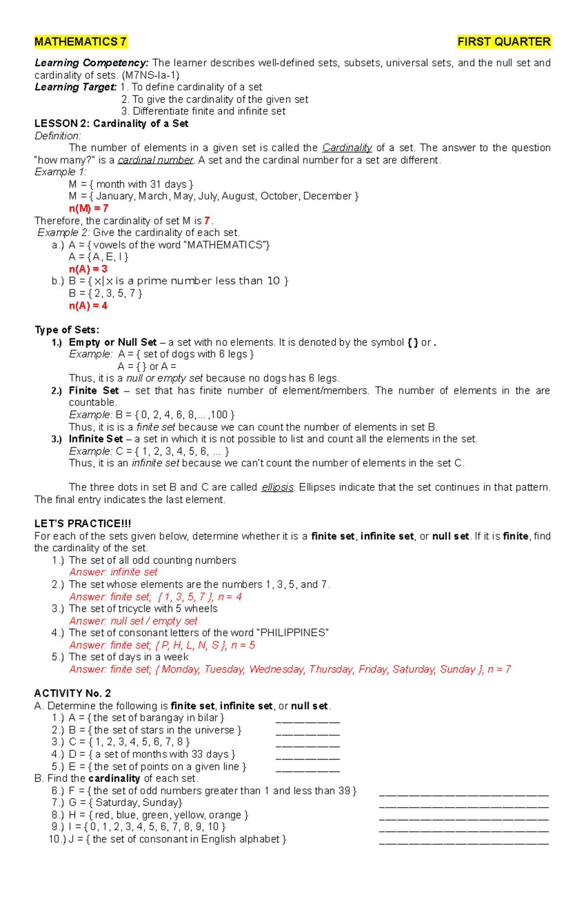 MATH7 First Quarter Lesson 2: Understanding Cardinality of Sets - Studocu