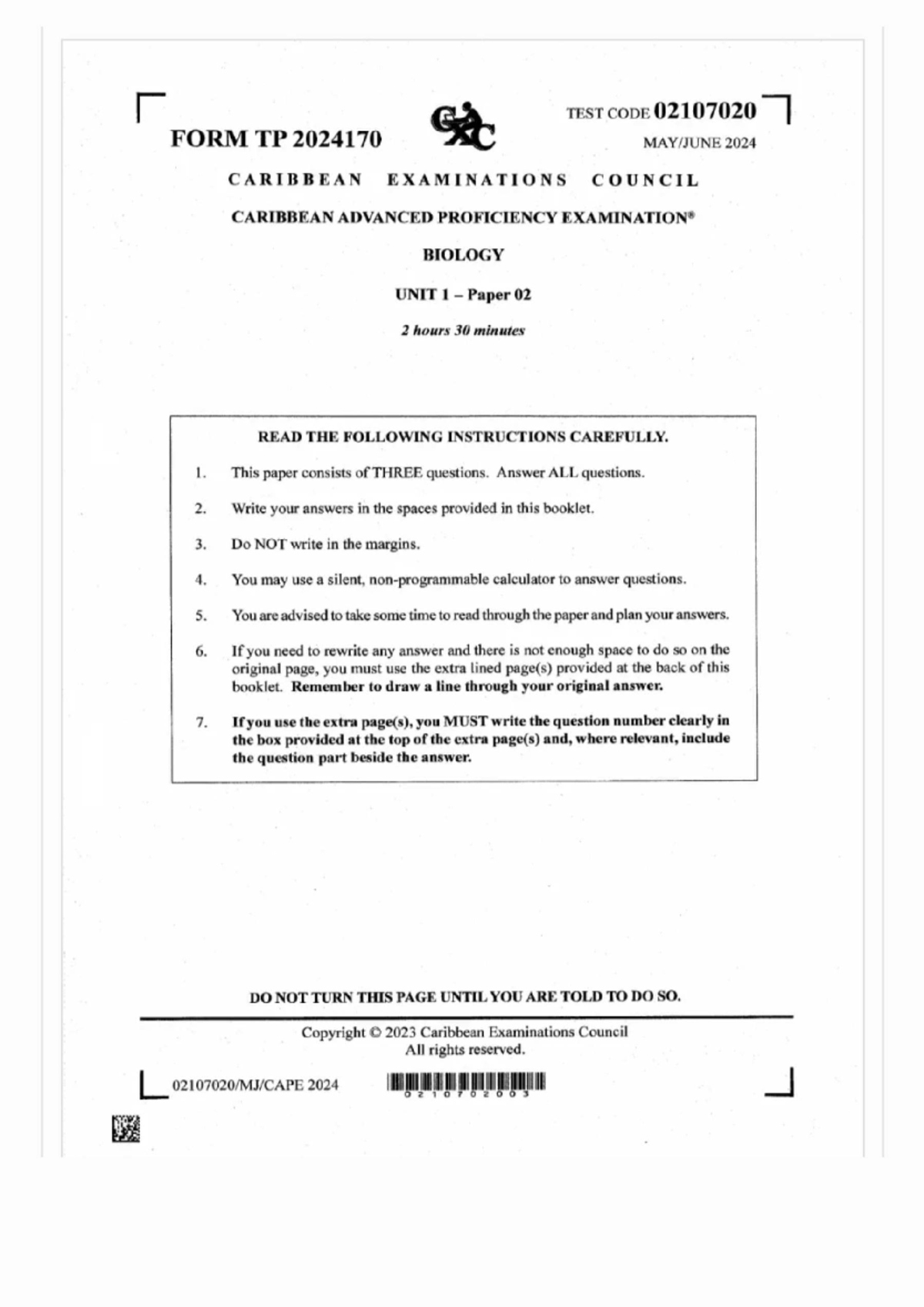 Bio U1 P2 2024 - CAPE Past Paper for Biology Unit 1 Paper 2 - Studocu