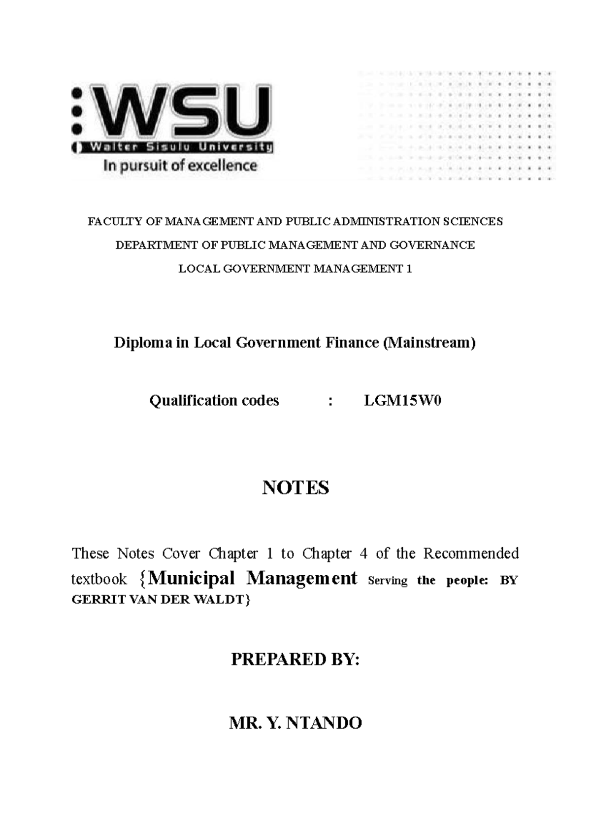 LGM15W0 Local Government Management Notes: Chapters 1-4 Overview - Studocu