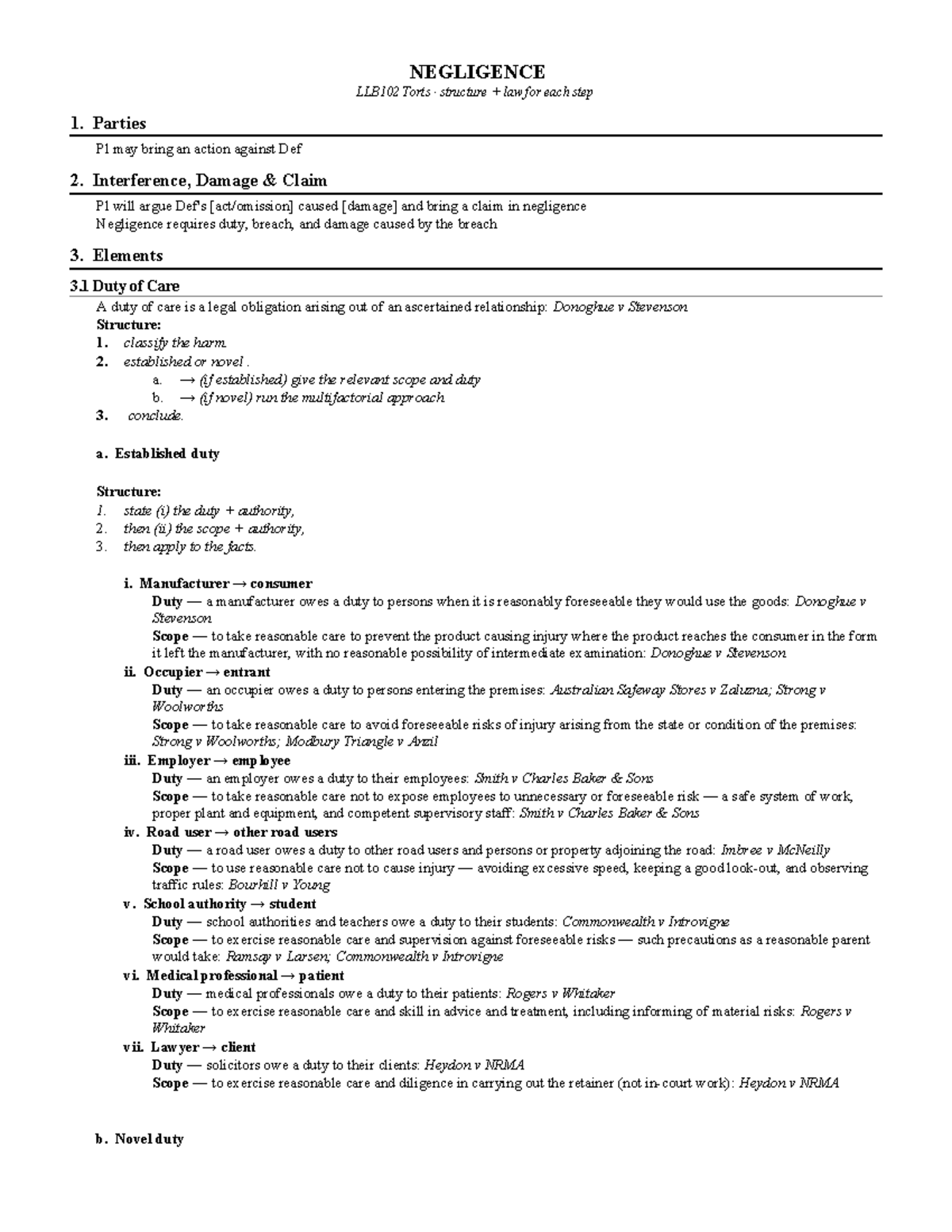 LLB102 Negligence Final Exam Notes: Torts Structure and Analysis - Studocu