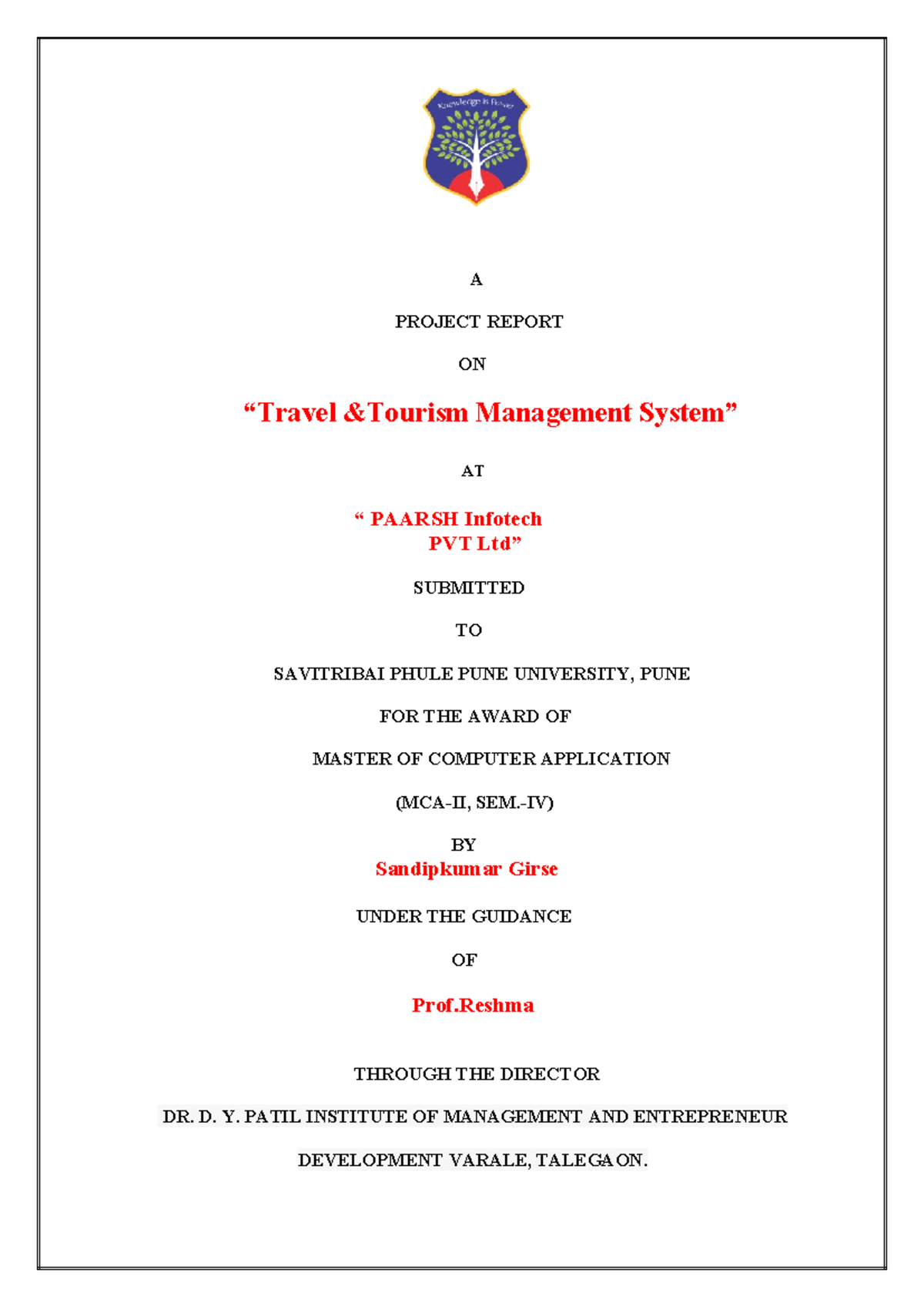 MCA-II, SEM.-IV Project: Travel & Tourism Management System Report ...