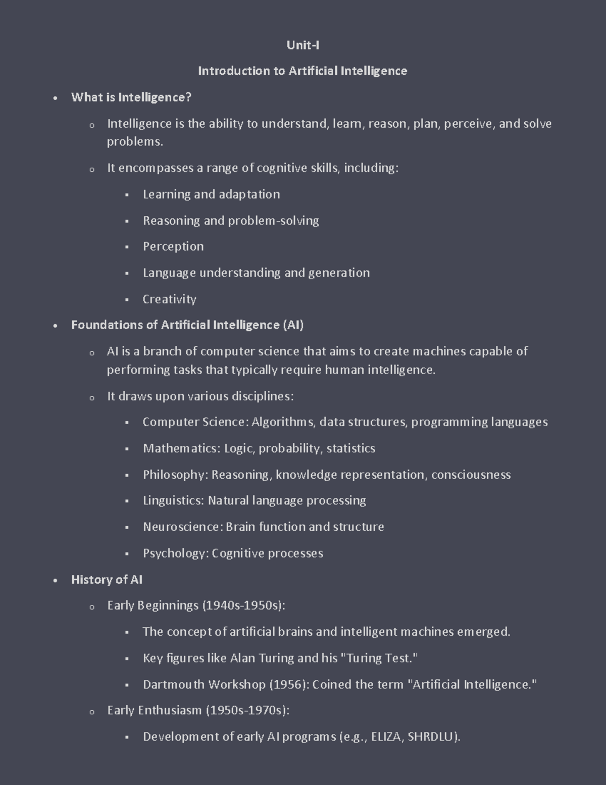 AI Notes: Understanding Intelligence & Foundations - UGCA 1945 - Studocu