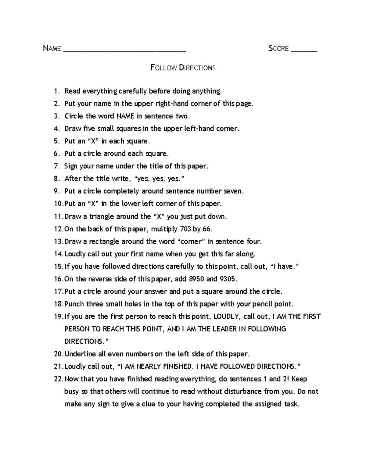 Following Directions Instructions - Test & Sample Answers - Studocu