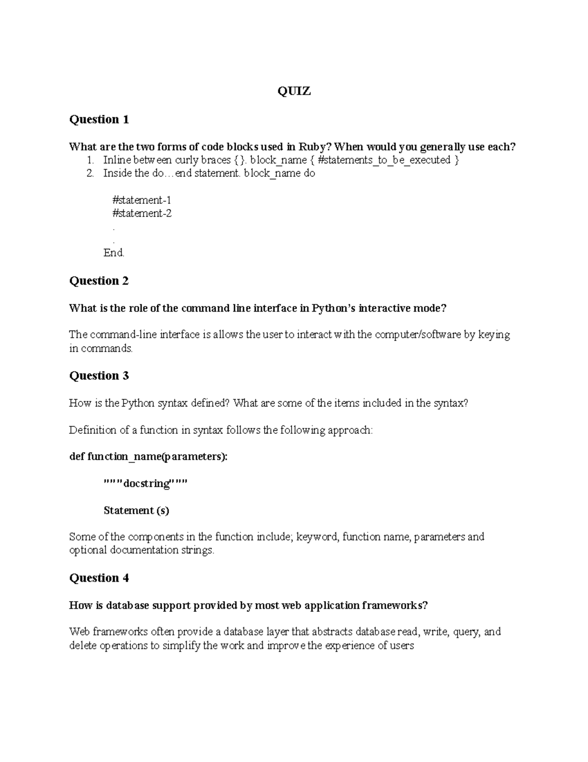 Software Dev. Quiz Questions and Answers (SWD101) - Studocu