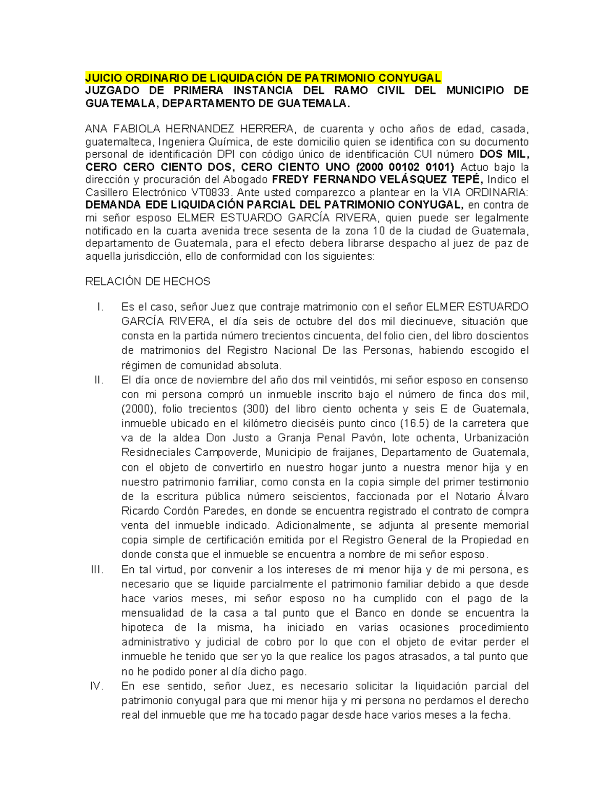 Juicio Ordinario 010006-2024: Liquidación de Patrimonio Conyugal - Document Preview