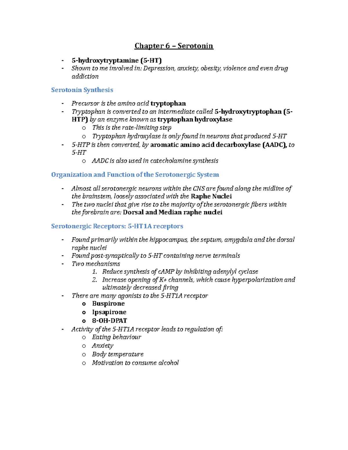 Summary - lecture - Chapter 6 – Serotonin - Chapter 6 Serotonin Shown ...