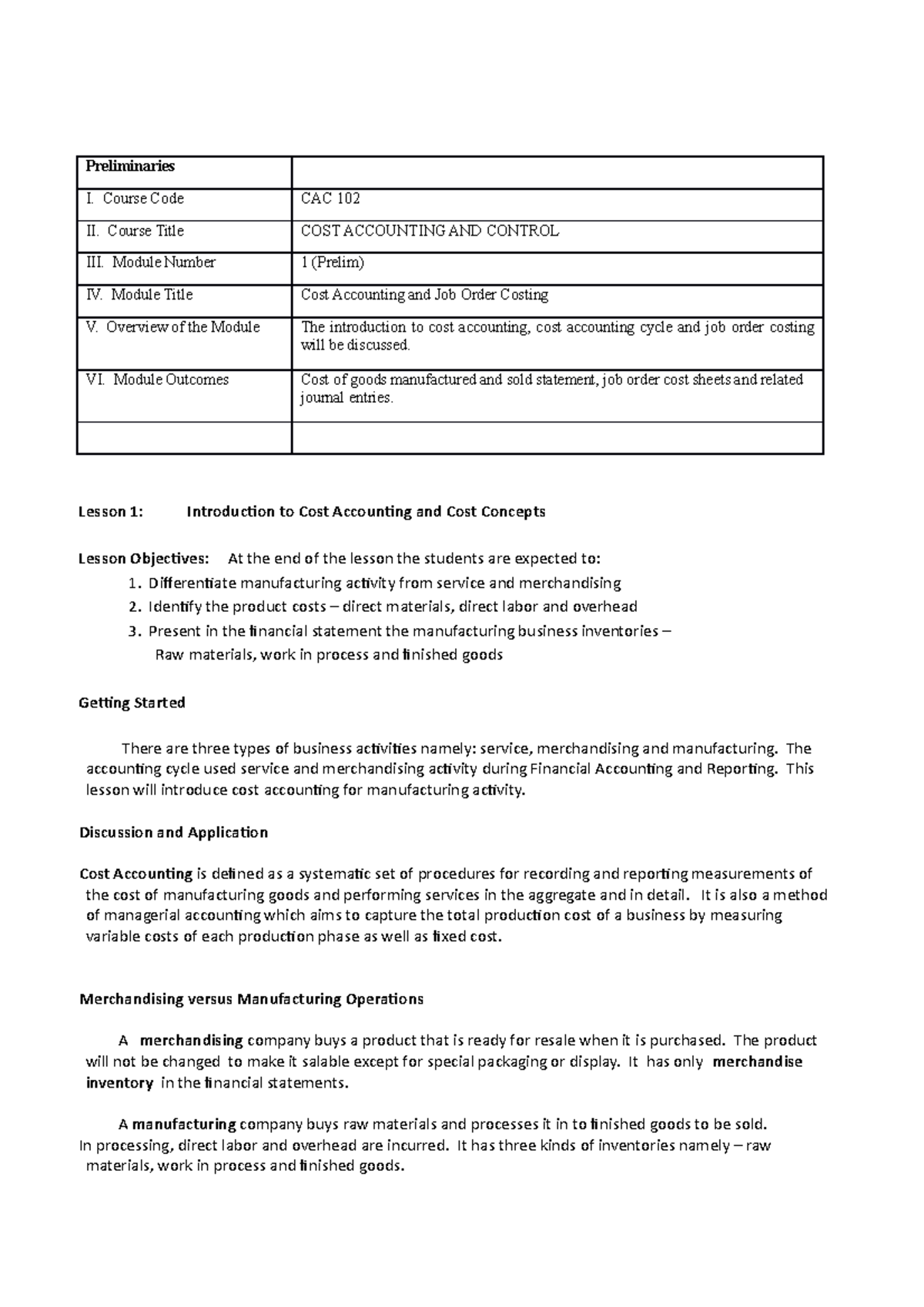 Cost Accounting and Job Order Costing - CAC 102 Prelim Module 2022-1 ...