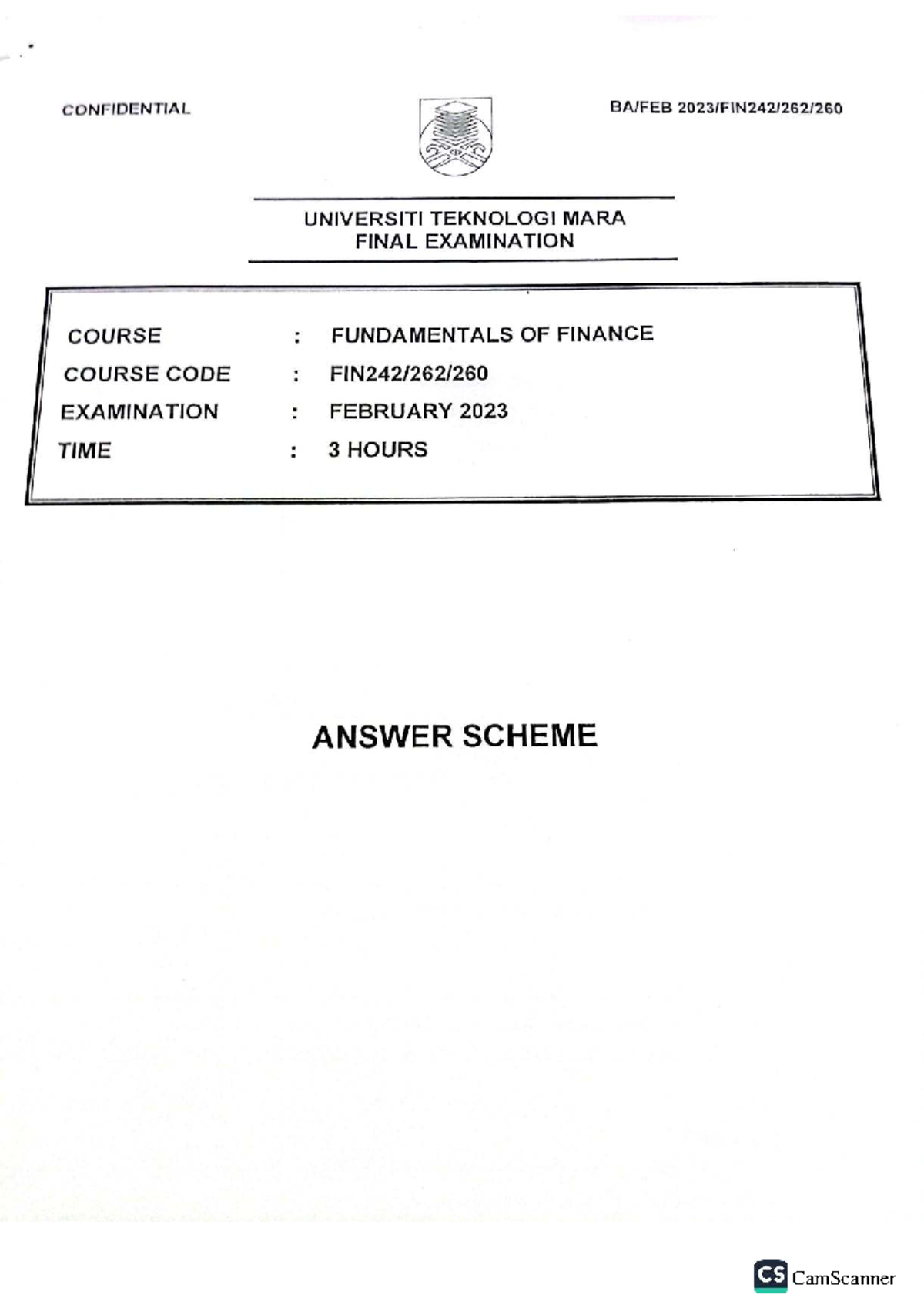 Final Exam Answer Scheme for Fundamentals of Finance (FIN 2023) - Studocu