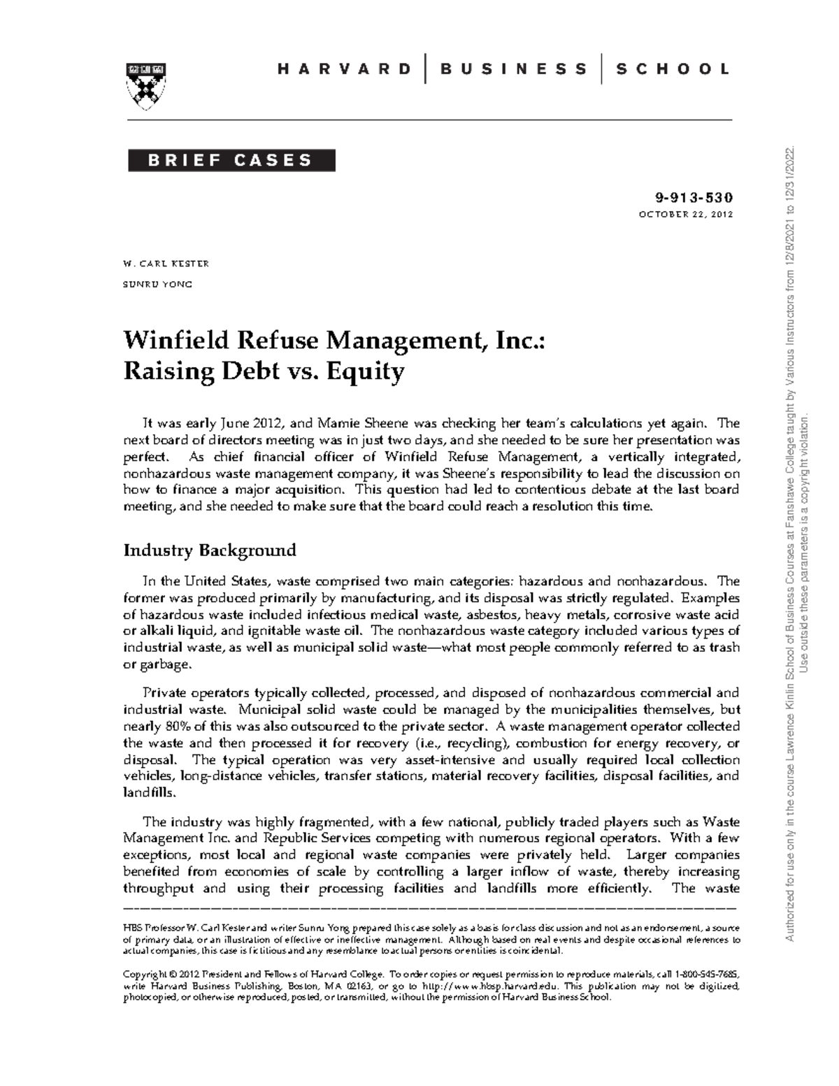 W22 FINA 6025 Case Study: Winfield Refuse - Document Preview