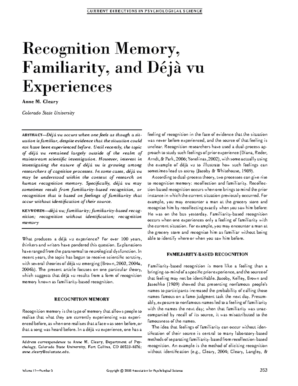 Cleary 2008: Recognition Memory, Familiarity, and Déjà Vu Experiences ...