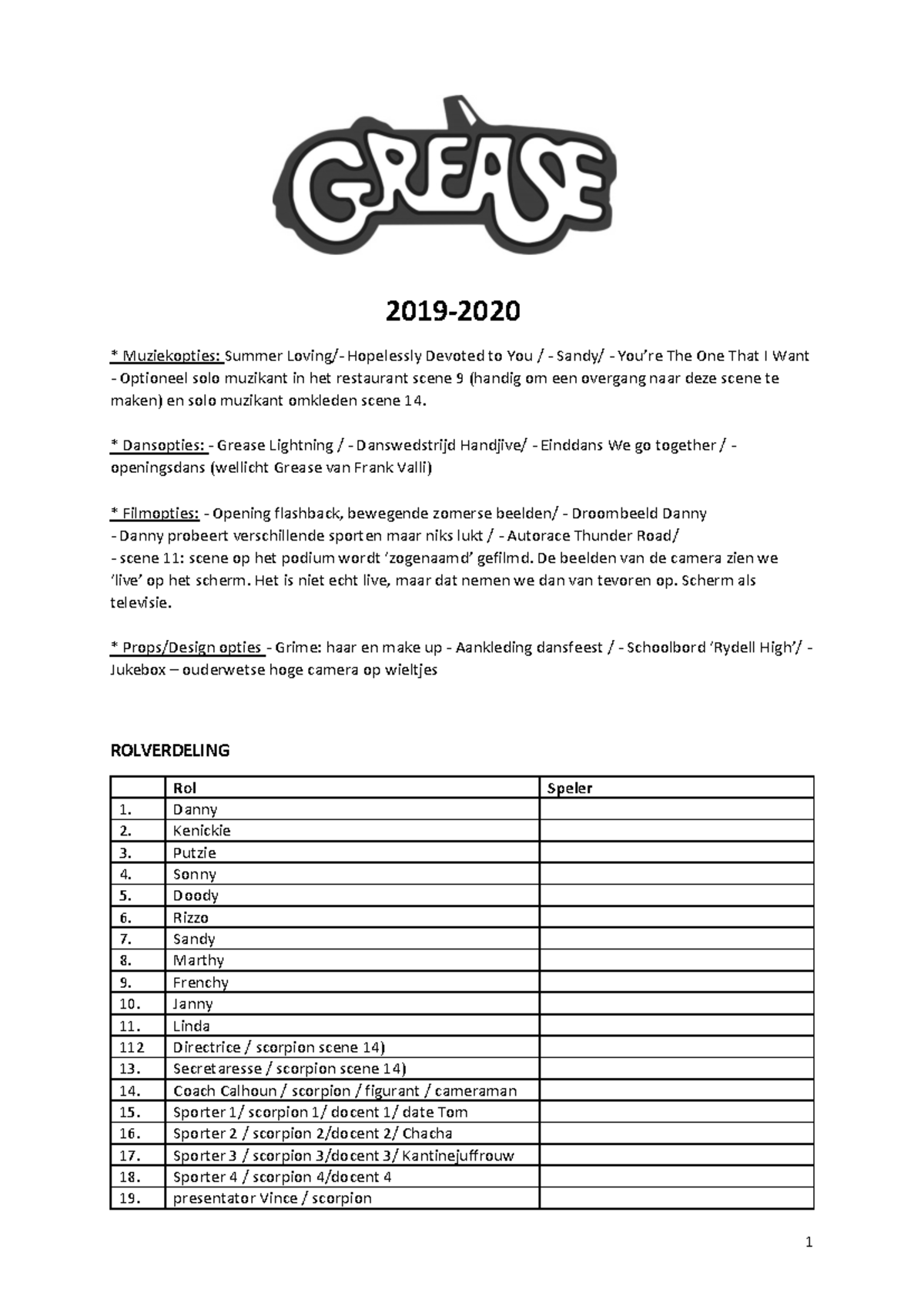 Grease Script & Music Options Overview (2019-2020) - Studeersnel