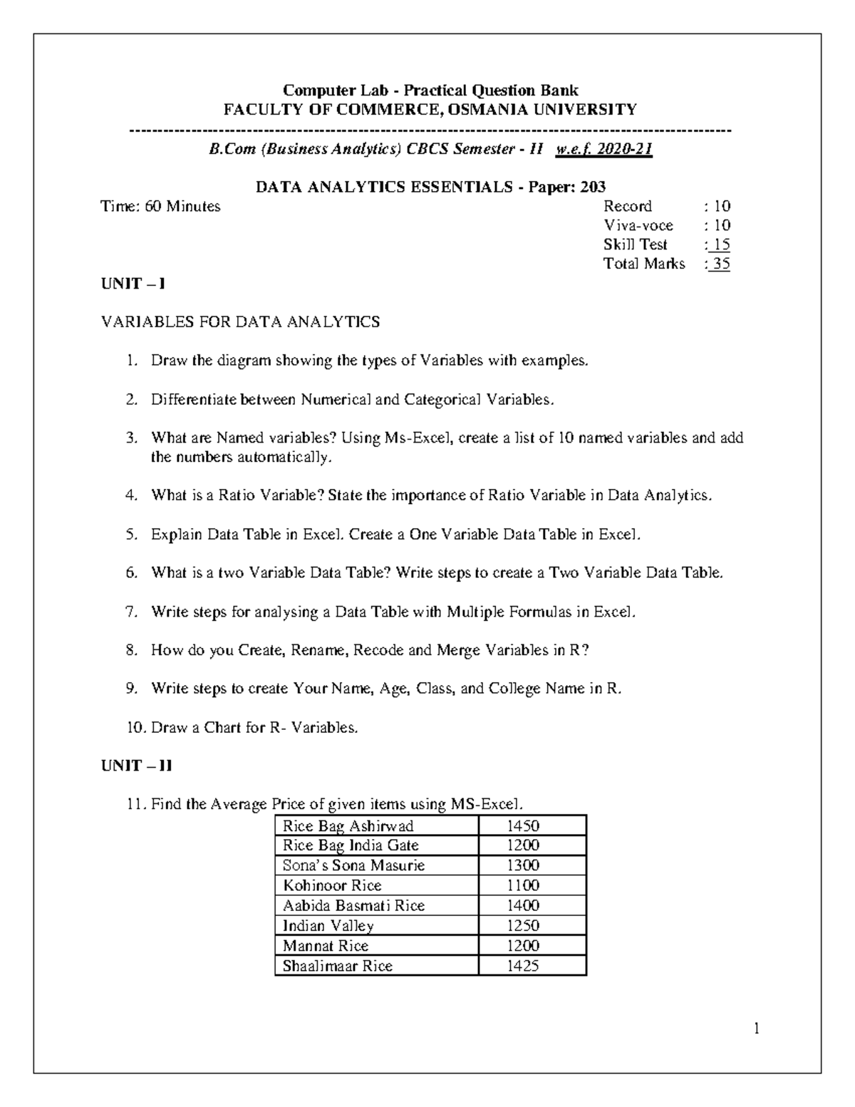 BBA 203 Data Analytics Essentials II Sem Practical Question Bank - Studocu