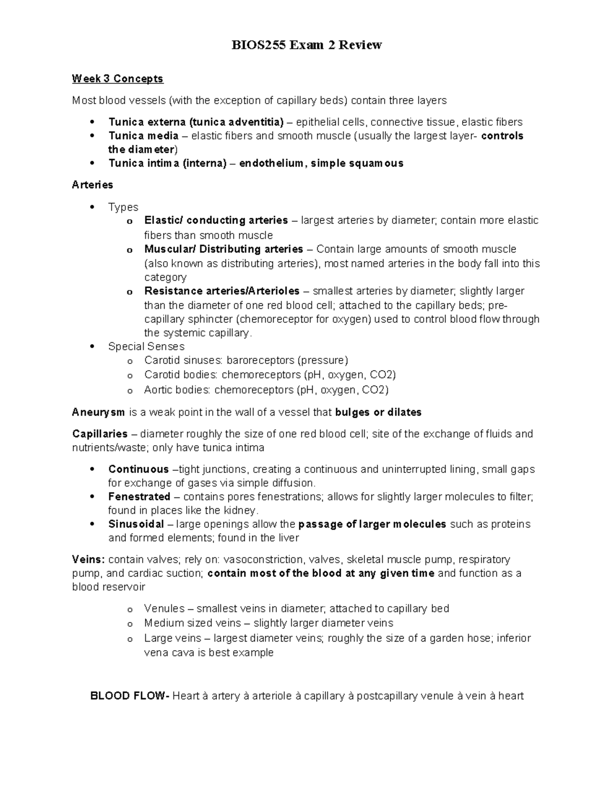 BIOS255 Exam 2 Review: Key Concepts and Blood Vessel Functions - Studocu
