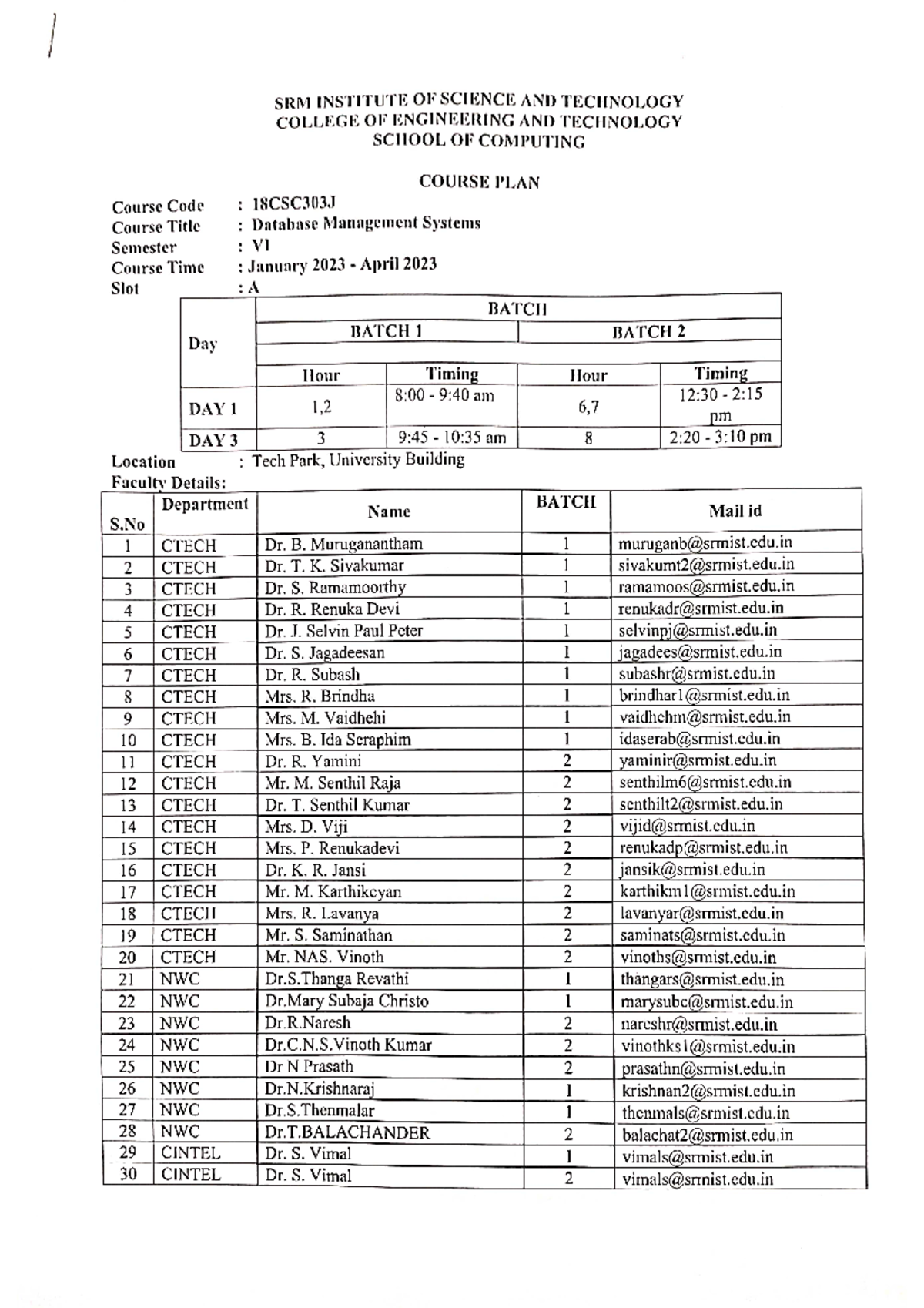 18CSC303J DBMS Comprehensive Course Plan and Schedule - Studocu