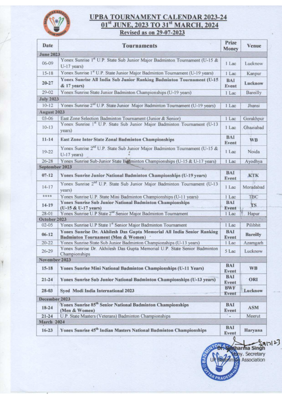 UPBA Tournament Calendar 2023-24: Key Badminton Events and Details ...