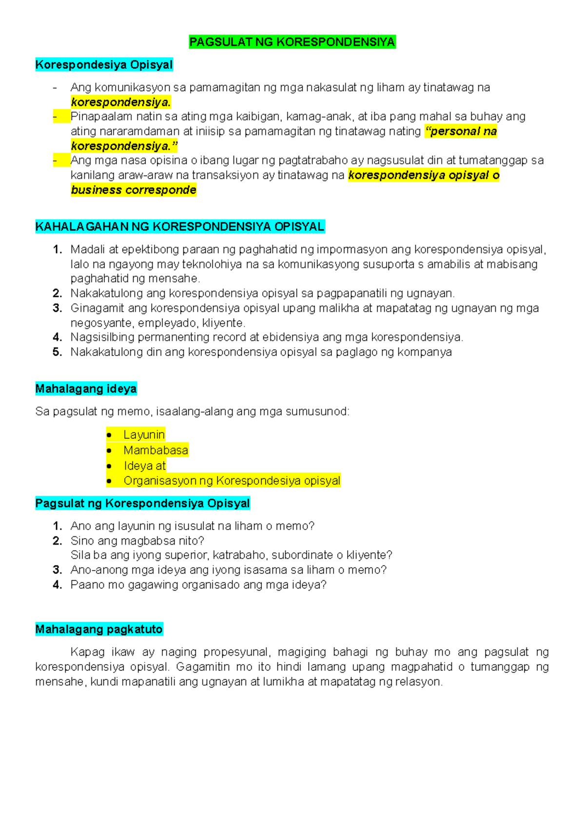 PAGSULAT NG KORESPONDENSIYA: Kahalagahan at Mga Tuntunin - Studocu