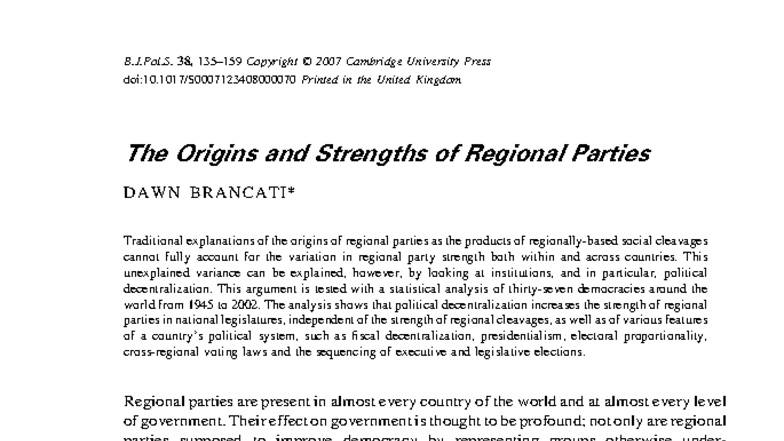 Political Decentralization and Regional Party Strength: An Analysis (B ...