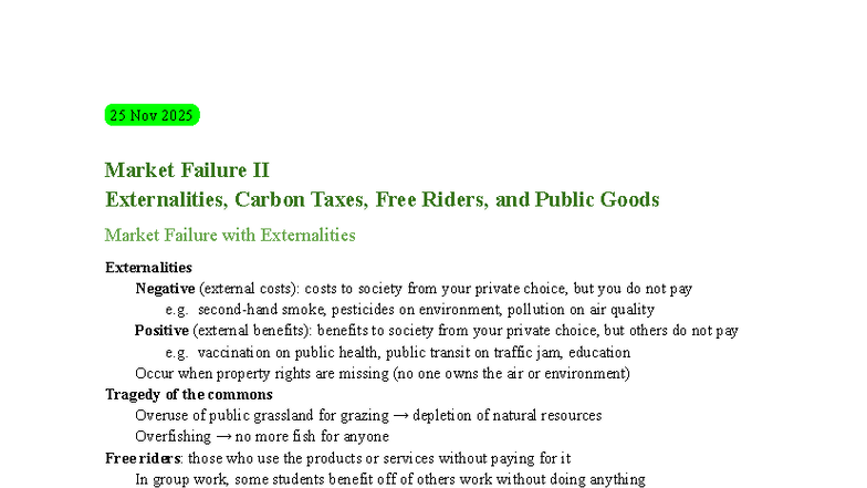 ECON 1000 Week 11 Notes: Market Failure & Externalities Analysis - Studocu