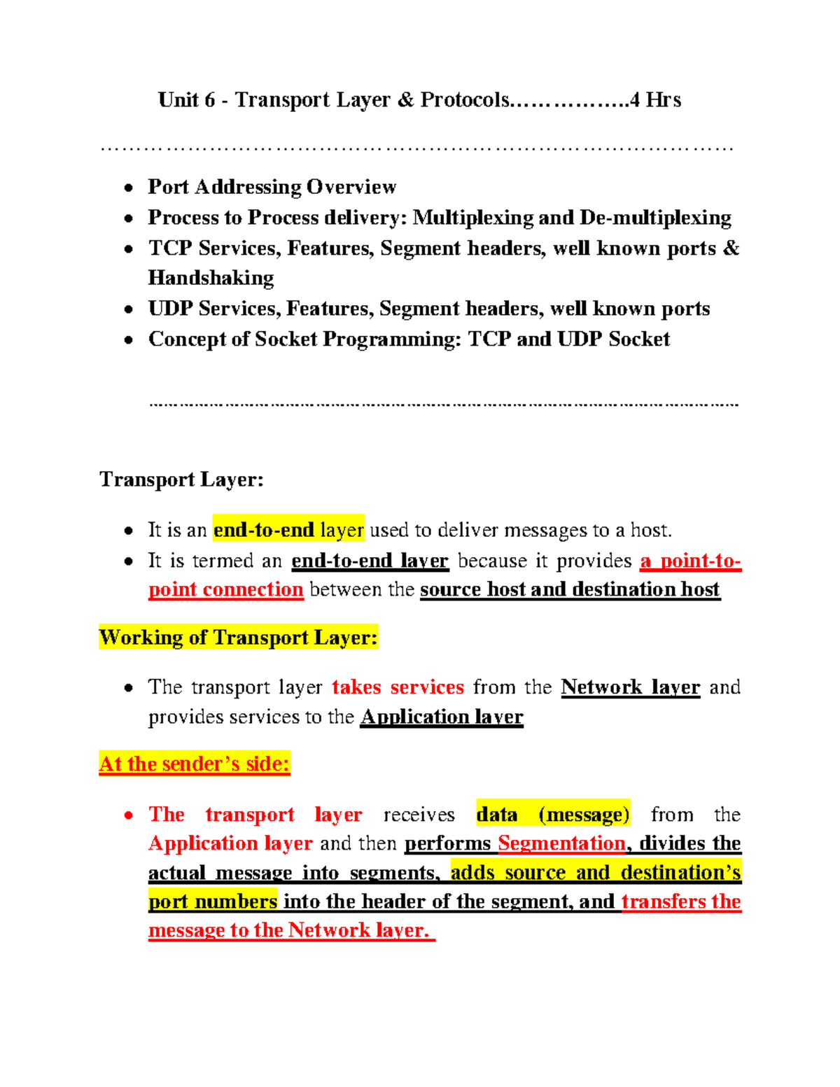 Unit 6 - Transport Layer & Protocols Overview: TCP/UDP Services and ...